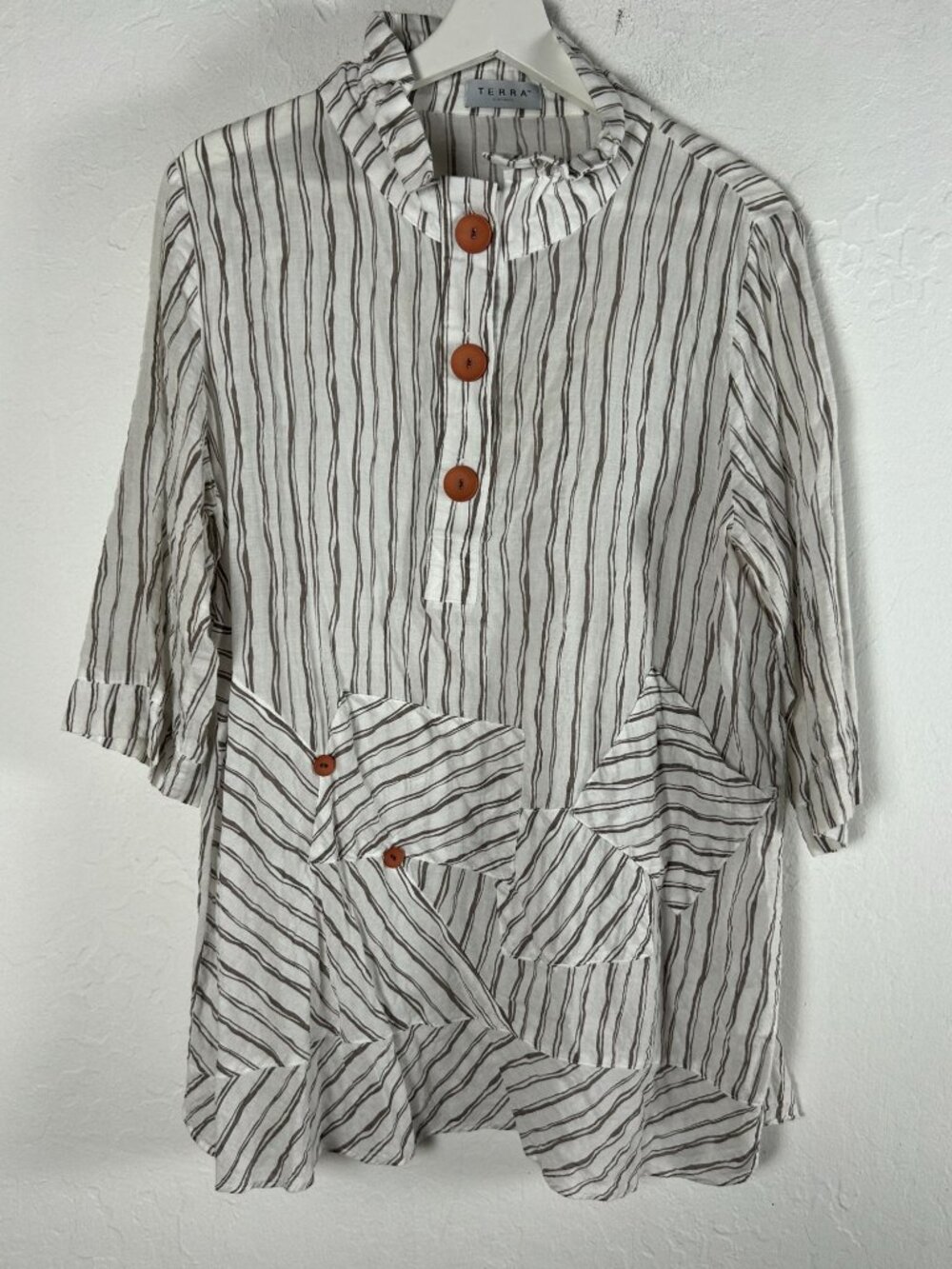 Terra Womens Striped Cotton Crinkle Tunic Top Medium White Mock Neck Pockets